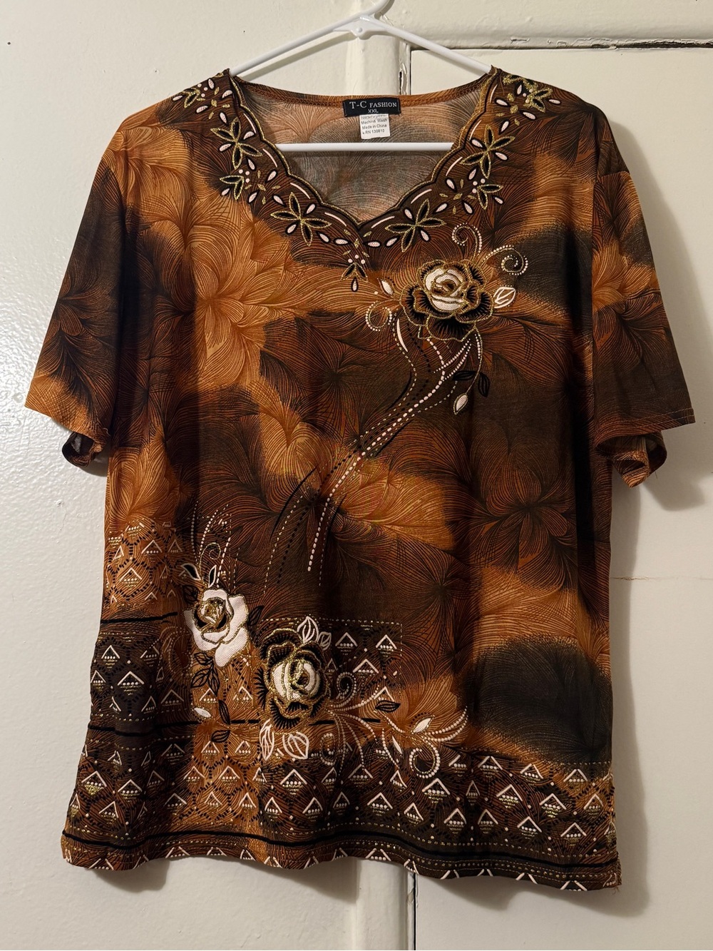 Vintage 90s Brown Floral Abstract Mesh Top XXL Y2K Whimsigoth Embellished Top